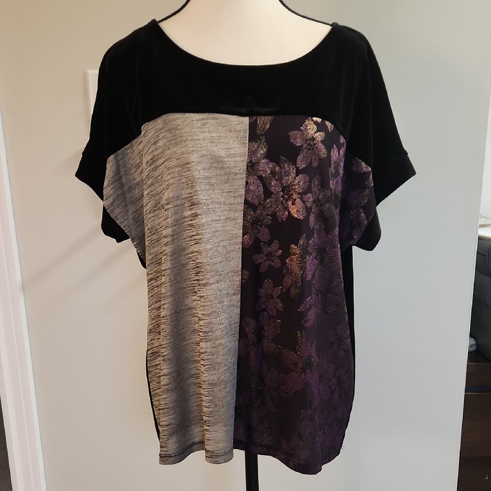 Calvin Klein black velvet, gold and burgundy short sleeved top, size large